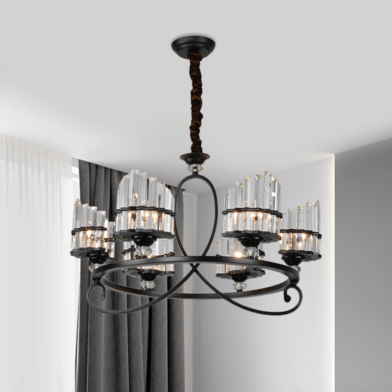 6/8 Lights Rectangle Light Chandelier with Ring Design Traditional Black Crystal Hanging Ceiling Fixture Clearhalo 'Ceiling Lights' 'Chandeliers' Lighting' options 1391769