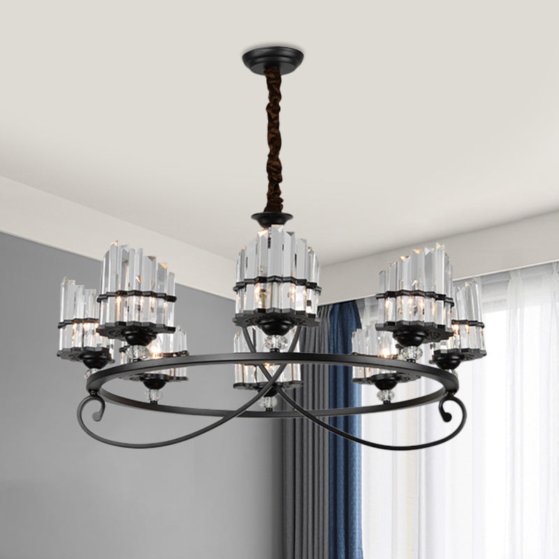 6/8 Lights Rectangle Light Chandelier with Ring Design Traditional Black Crystal Hanging Ceiling Fixture Clearhalo 'Ceiling Lights' 'Chandeliers' Lighting' options 1391773