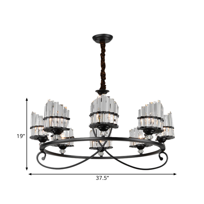 6/8 Lights Rectangle Light Chandelier with Ring Design Traditional Black Crystal Hanging Ceiling Fixture Clearhalo 'Ceiling Lights' 'Chandeliers' Lighting' options 1391777