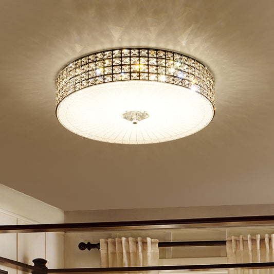 LED Flush Mount Lamp with Drum Shade Clear Crystal Modern Bedchamber Flush Ceiling Light Fixture, 16"/19.5" Width Clearhalo 'Ceiling Lights' 'Close To Ceiling Lights' 'Close to ceiling' 'Flush mount' Lighting' 1391852