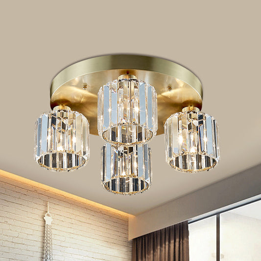 Contemporary Cylindrical Semi Flush Lighting 4 Bulbs Crystal Close to Ceiling Chandelier in Gold Gold Clearhalo 'Ceiling Lights' 'Close To Ceiling Lights' 'Close to ceiling' 'Semi-flushmount' Lighting' 1391899