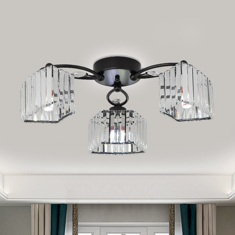 3/6 Heads Trapezoid Semi Flush Light Modern Black Finish Clear Crystal Flush Mounted Lamp Fixture 3 Clear Clearhalo 'Ceiling Lights' 'Close To Ceiling Lights' 'Close to ceiling' 'Semi-flushmount' Lighting' 1391903