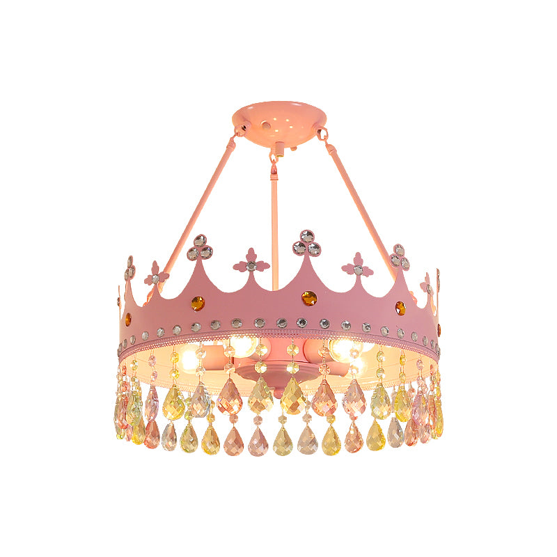 3/5 Lights Crystal Semi Mount Lighting Modern Pink Crown Bedroom Ceiling Mounted Fixture, 12"/18" Wide Clearhalo 'Ceiling Lights' 'Close To Ceiling Lights' 'Close to ceiling' 'Semi-flushmount' Lighting' 1391919