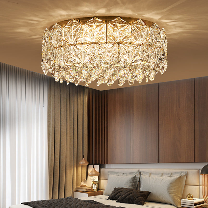 Drum Crystal Flush Mount Lamp Modern 4/6 Heads Bedchamber Flush Ceiling Light, 16.5"/20.5" Width Clear Clearhalo 'Ceiling Lights' 'Close To Ceiling Lights' 'Close to ceiling' 'Flush mount' Lighting' 1391922