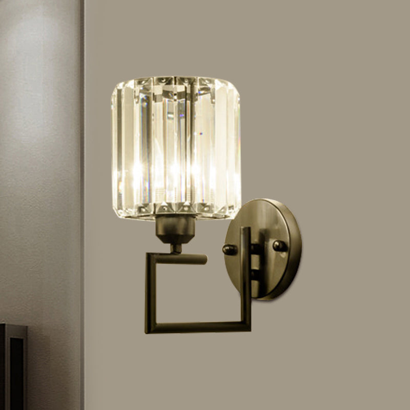 1 Head Cylindrical Wall Mounted Lamp Contemporary Black Finish Rectangle-Cut Crystal Sconce Light Fixture Black Clearhalo 'Cast Iron' 'Glass' 'Industrial' 'Modern wall lights' 'Modern' 'Tiffany' 'Traditional wall lights' 'Wall Lamps & Sconces' 'Wall Lights' Lighting' 1391951