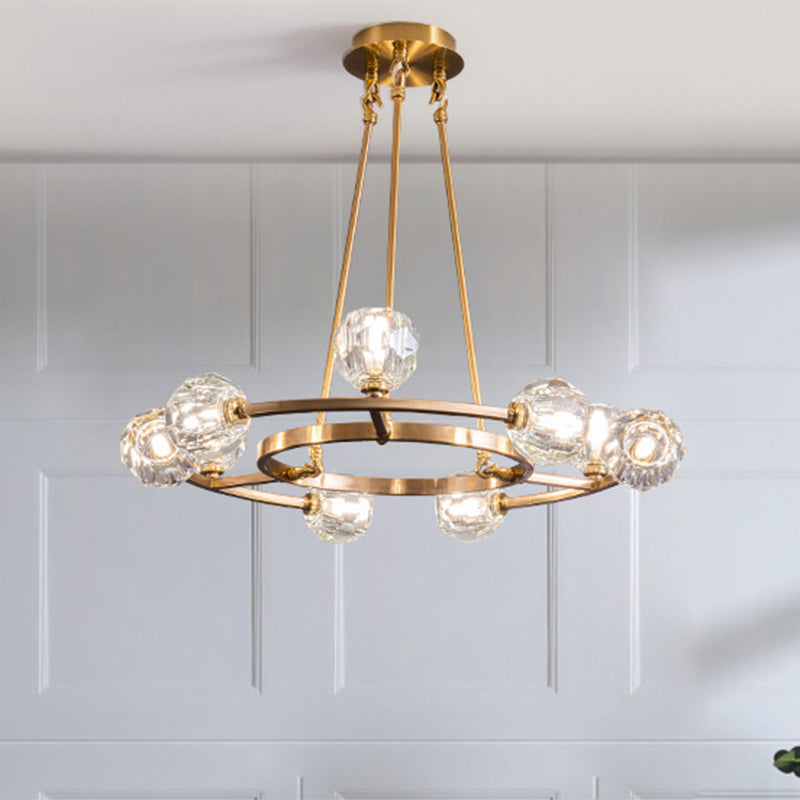 9 Heads Crystal Balls Chandelier Lamp Modern Gold Wheel Great Room Hanging Light Gold Clearhalo 'Ceiling Lights' 'Chandeliers' 'Modern Chandeliers' 'Modern' Lighting' 1392004