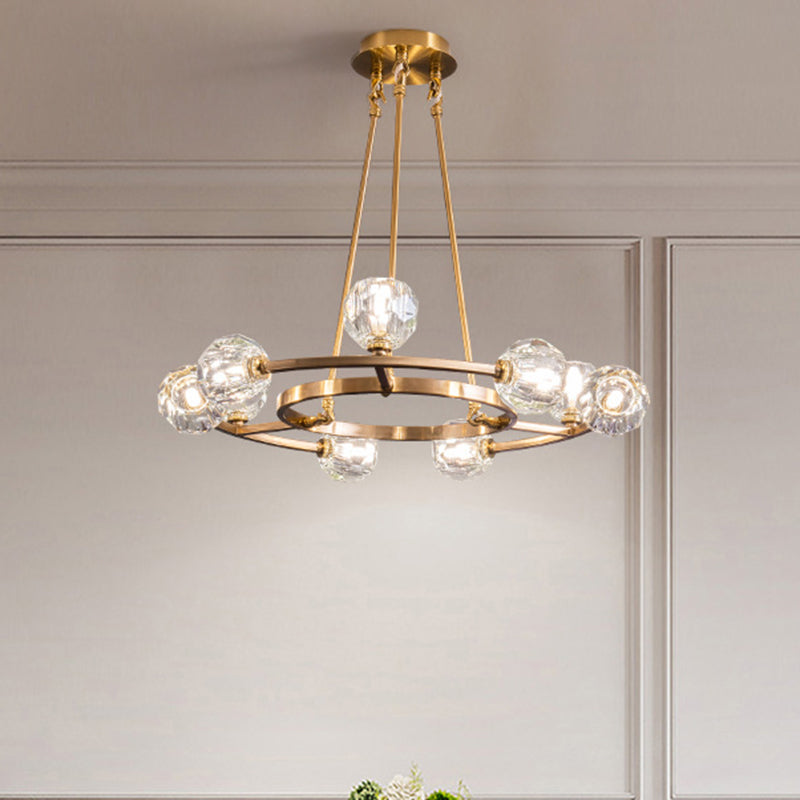 9 Heads Crystal Balls Chandelier Lamp Modern Gold Wheel Great Room Hanging Light Clearhalo 'Ceiling Lights' 'Chandeliers' 'Modern Chandeliers' 'Modern' Lighting' 1392005