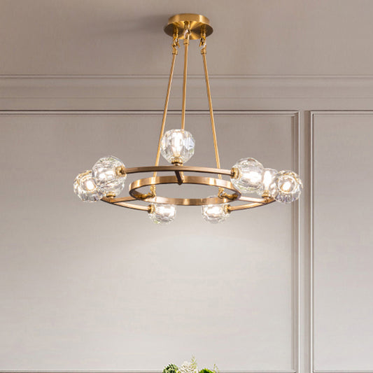 9 Heads Crystal Balls Chandelier Lamp Modern Gold Wheel Great Room Hanging Light Clearhalo 'Ceiling Lights' 'Chandeliers' 'Modern Chandeliers' 'Modern' Lighting' 1392005