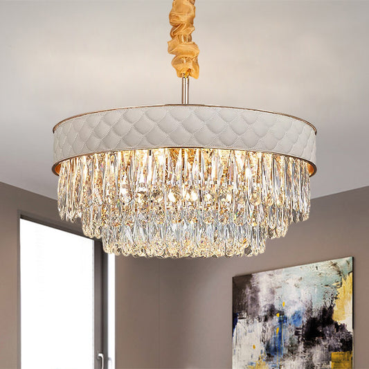 White 9/15 Heads Chandelier Light Contemporary Crystal Raindrops Drum Ceiling Pendant, 19.5"/23.5" Wide White Clearhalo 'Ceiling Lights' 'Chandeliers' 'Modern Chandeliers' 'Modern' Lighting' 1392017