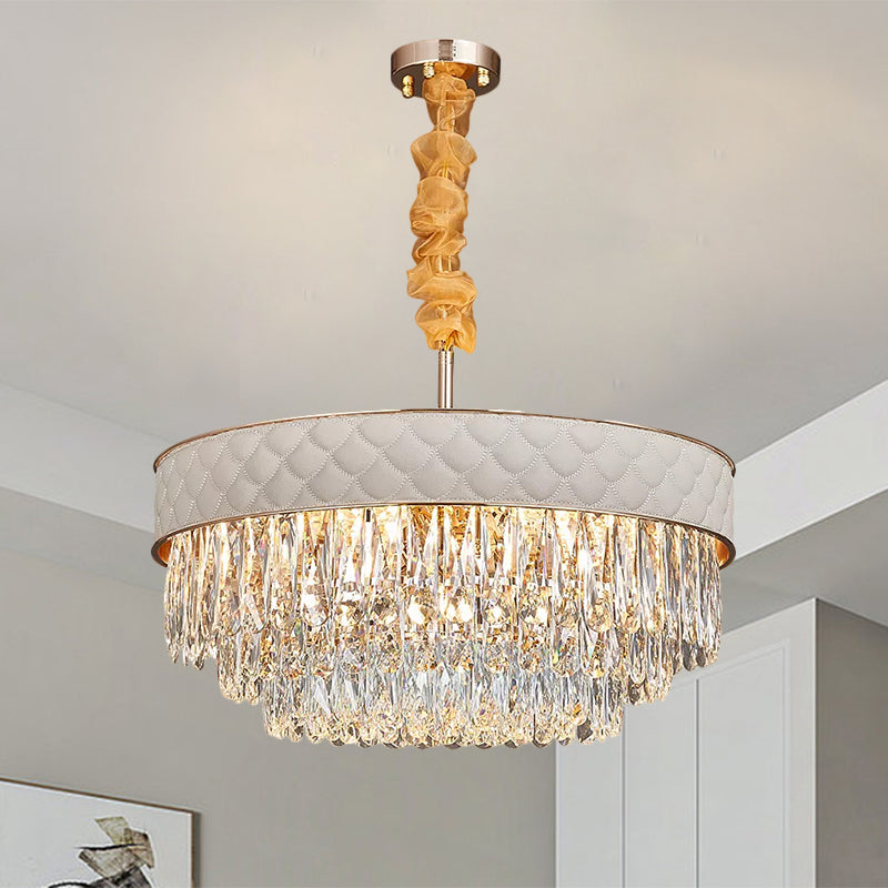 White 9/15 Heads Chandelier Light Contemporary Crystal Raindrops Drum Ceiling Pendant, 19.5"/23.5" Wide Clearhalo 'Ceiling Lights' 'Chandeliers' 'Modern Chandeliers' 'Modern' Lighting' 1392018