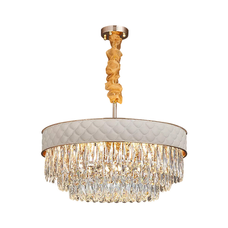 White 9/15 Heads Chandelier Light Contemporary Crystal Raindrops Drum Ceiling Pendant, 19.5"/23.5" Wide Clearhalo 'Ceiling Lights' 'Chandeliers' 'Modern Chandeliers' 'Modern' Lighting' 1392019