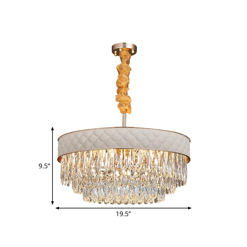 White 9/15 Heads Chandelier Light Contemporary Crystal Raindrops Drum Ceiling Pendant, 19.5"/23.5" Wide Clearhalo 'Ceiling Lights' 'Chandeliers' 'Modern Chandeliers' 'Modern' Lighting' 1392020