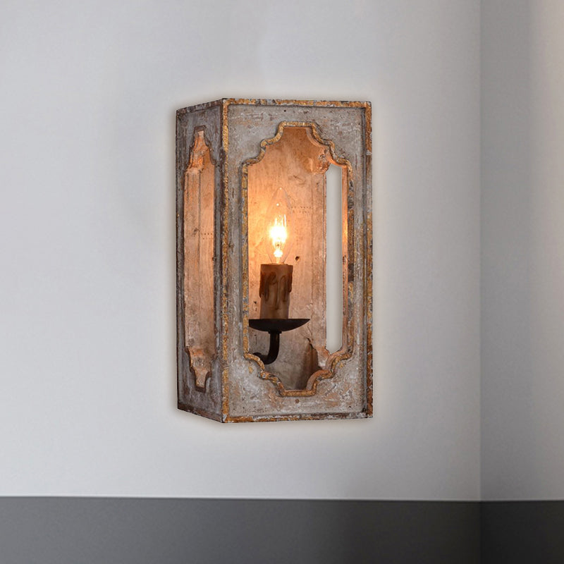 Metallic Cuboid Sconce Lighting Fixture with Candle Design Country Style 1 Bulb Corridor Wall Lamp in Rust Rust Clearhalo 'Wall Lamps & Sconces' 'Wall Lights' Lighting' 1392078