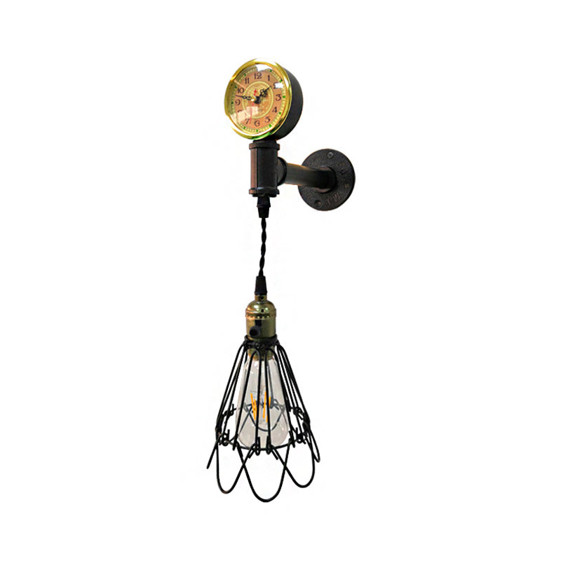 1 Bulb Metal Wall Hanging Light Farmhouse Aged Brass/Black Wire Frame Corridor Sconce Lighting with Gauge Clearhalo 'Art deco wall lights' 'Cast Iron' 'Glass' 'Industrial wall lights' 'Industrial' 'Middle century wall lights' 'Modern' 'Rustic wall lights' 'Tiffany' 'Traditional wall lights' 'Wall Lamps & Sconces' 'Wall Lights' Lighting' 139208