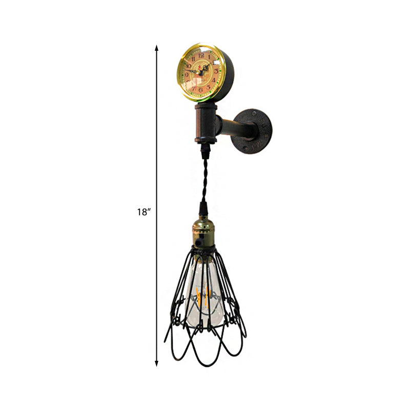 1 Bulb Metal Wall Hanging Light Farmhouse Aged Brass/Black Wire Frame Corridor Sconce Lighting with Gauge Clearhalo 'Art deco wall lights' 'Cast Iron' 'Glass' 'Industrial wall lights' 'Industrial' 'Middle century wall lights' 'Modern' 'Rustic wall lights' 'Tiffany' 'Traditional wall lights' 'Wall Lamps & Sconces' 'Wall Lights' Lighting' 139209