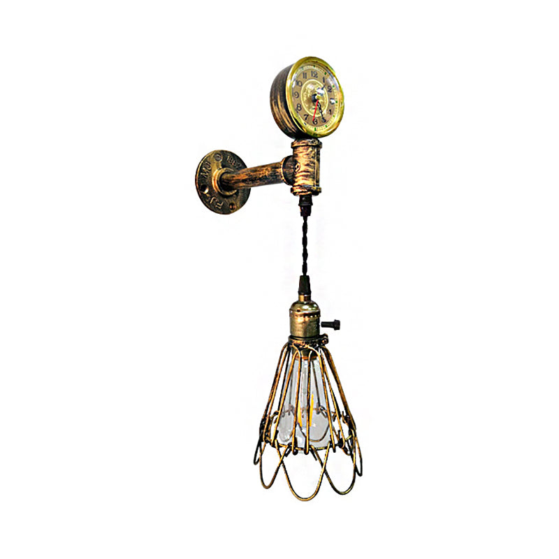1 Bulb Metal Wall Hanging Light Farmhouse Aged Brass/Black Wire Frame Corridor Sconce Lighting with Gauge Clearhalo 'Art deco wall lights' 'Cast Iron' 'Glass' 'Industrial wall lights' 'Industrial' 'Middle century wall lights' 'Modern' 'Rustic wall lights' 'Tiffany' 'Traditional wall lights' 'Wall Lamps & Sconces' 'Wall Lights' Lighting' 139211