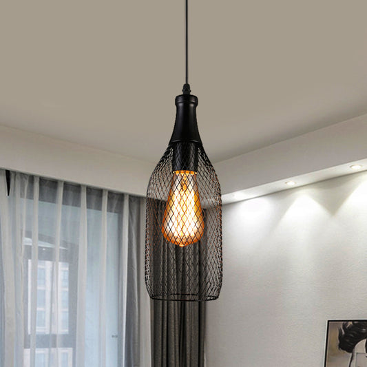 1 Light Bottle Mesh Hanging Lighting Industrial Style Black Finish Iron Pendulum Lamp Black Clearhalo 'Art Deco Pendants' 'Black' 'Cast Iron' 'Ceiling Lights' 'Ceramic' 'Crystal' 'Industrial Pendants' 'Industrial' 'Metal' 'Middle Century Pendants' 'Pendant Lights' 'Pendants' 'Rustic Pendants' 'Tiffany' Lighting' 1392153