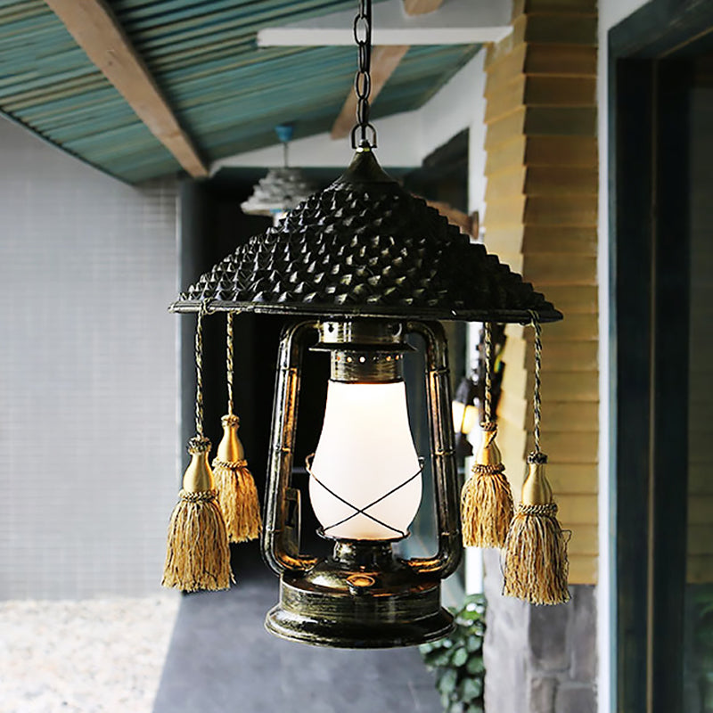 Coastal Style Lantern Shaped Pendulum Light 1-Bulb Metal Hanging Pendant Lamp in Bronze Clearhalo 'Art Deco Pendants' 'Cast Iron' 'Ceiling Lights' 'Ceramic' 'Crystal' 'Industrial Pendants' 'Industrial' 'Metal' 'Middle Century Pendants' 'Pendant Lights' 'Pendants' 'Tiffany' Lighting' 1392162