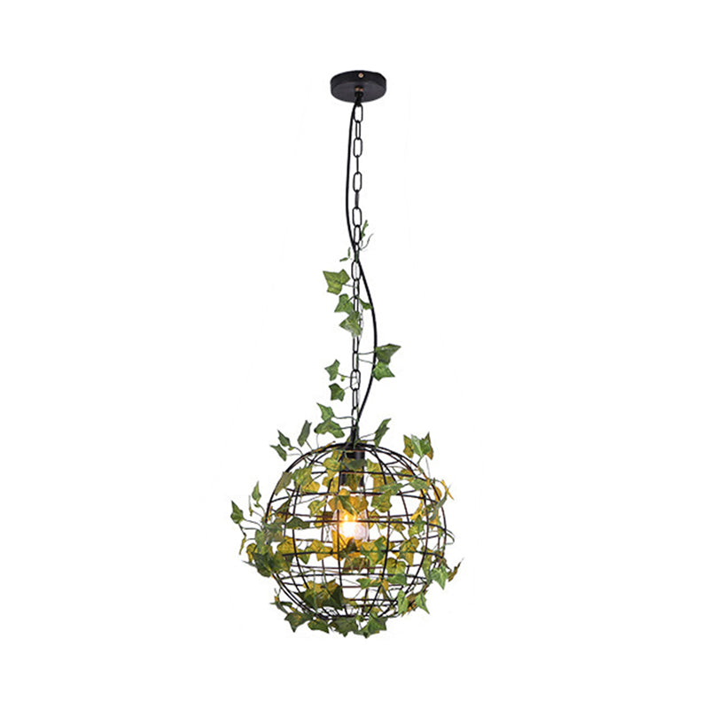 Industrial Style Globe Cage Ceiling Hang Fixture 1 Head Iron Pendulum Light with Artificial Plant Deco in Black Clearhalo 'Art Deco Pendants' 'Black' 'Cast Iron' 'Ceiling Lights' 'Ceramic' 'Crystal' 'Industrial Pendants' 'Industrial' 'Metal' 'Middle Century Pendants' 'Pendant Lights' 'Pendants' 'Rustic Pendants' 'Tiffany' Lighting' 1392183