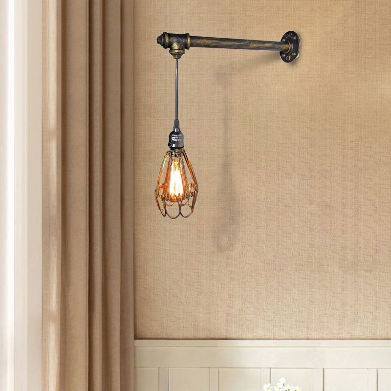 Industrial Style Wire Frame Wall Lamp Fixture with Pipe 1 Light Wrought Iron Wall Light in Aged Brass Antique Brass Clearhalo 'Art deco wall lights' 'Cast Iron' 'Glass' 'Industrial wall lights' 'Industrial' 'Middle century wall lights' 'Modern' 'Rustic wall lights' 'Tiffany' 'Traditional wall lights' 'Wall Lamps & Sconces' 'Wall Lights' Lighting' 139255
