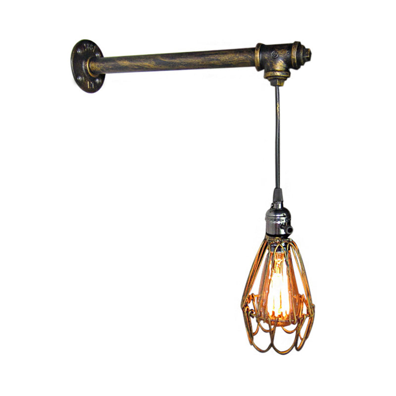 Industrial Style Wire Frame Wall Lamp Fixture with Pipe 1 Light Wrought Iron Wall Light in Aged Brass Clearhalo 'Art deco wall lights' 'Cast Iron' 'Glass' 'Industrial wall lights' 'Industrial' 'Middle century wall lights' 'Modern' 'Rustic wall lights' 'Tiffany' 'Traditional wall lights' 'Wall Lamps & Sconces' 'Wall Lights' Lighting' 139257