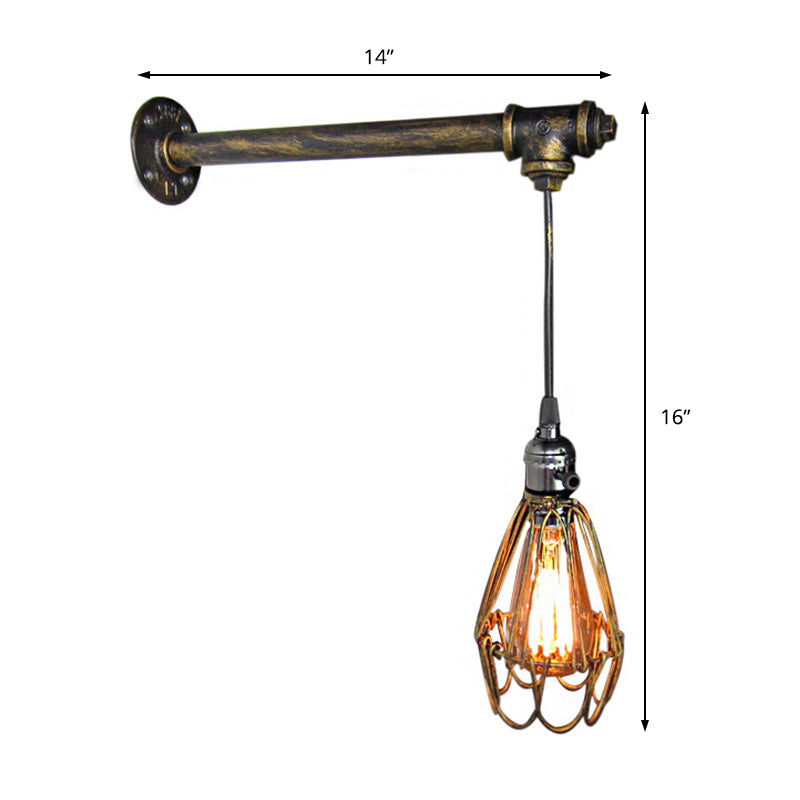 Industrial Style Wire Frame Wall Lamp Fixture with Pipe 1 Light Wrought Iron Wall Light in Aged Brass Clearhalo 'Art deco wall lights' 'Cast Iron' 'Glass' 'Industrial wall lights' 'Industrial' 'Middle century wall lights' 'Modern' 'Rustic wall lights' 'Tiffany' 'Traditional wall lights' 'Wall Lamps & Sconces' 'Wall Lights' Lighting' 139258