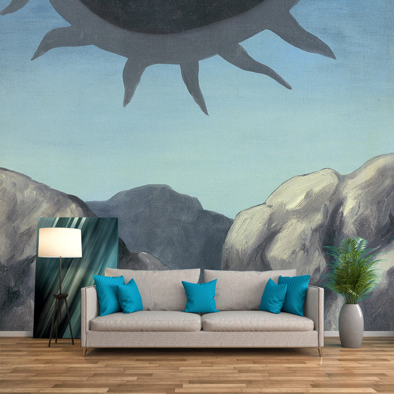 Surrealistic Sun Painting Mural Decal in Grey-Blue Living Room Wall Covering, Optional Size Clearhalo 'Wall Decor' 'Wall Mural' 1392844