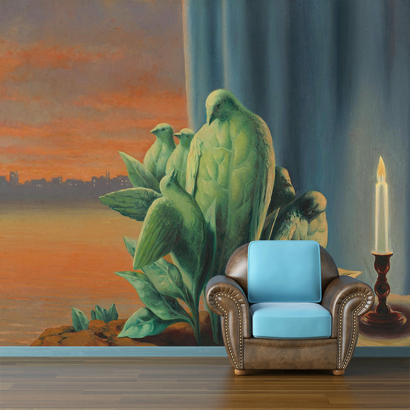 Orange-Green Bird Families Mural Magritte Painting Surreal Washable Wall Art for Dining Room Orange-Green Clearhalo 'Wall Decor' 'Wall Mural' 1392892