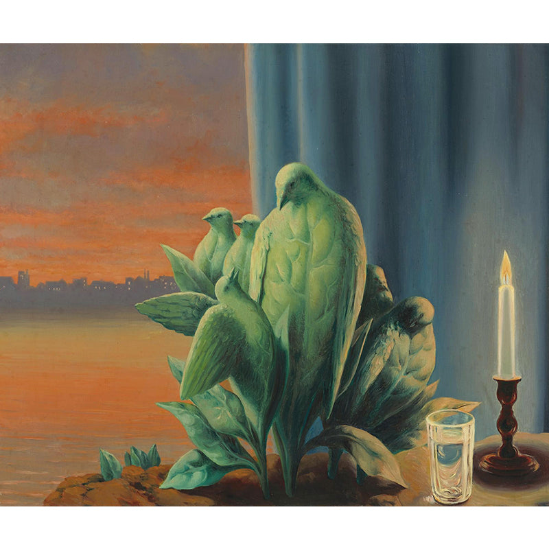 Orange-Green Bird Families Mural Magritte Painting Surreal Washable Wall Art for Dining Room Clearhalo 'Wall Decor' 'Wall Mural' 1392895