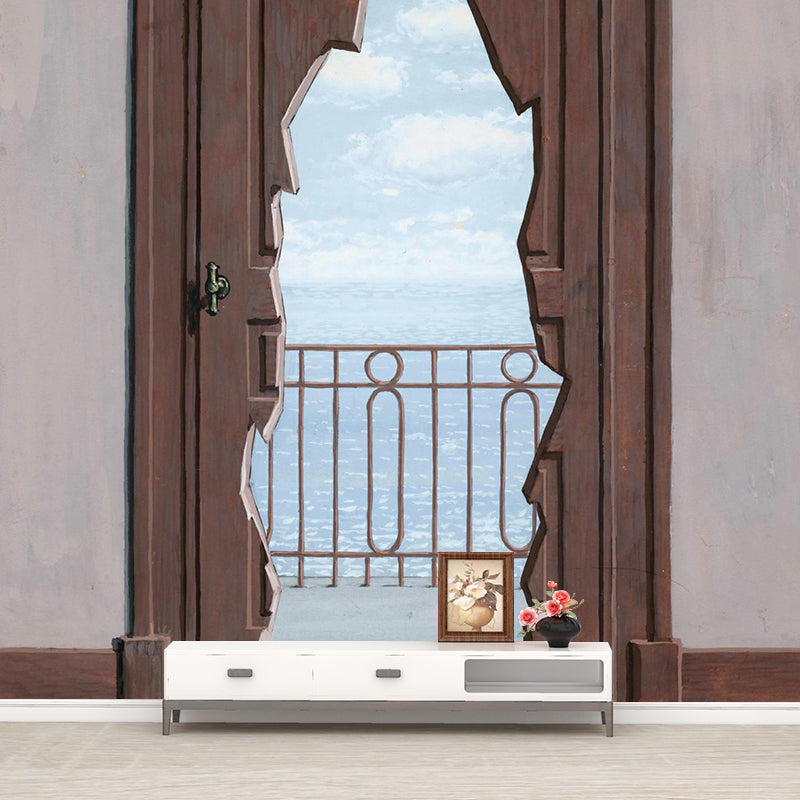 Balcony Door to Sea Mural Decal Surrealist Water Resistant Lobby Wall Art, Custom Print Brown Clearhalo 'Wall Decor' 'Wall Mural' 1392917