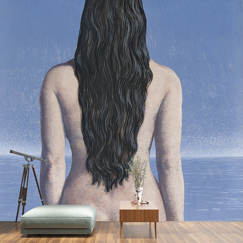 Big Surrealism Murals Wallpaper in Blue-White Rene Magritte the Evening Gown Wall Art, Custom Printed Blue-White Clearhalo 'Wall Decor' 'Wall Mural' 1392957