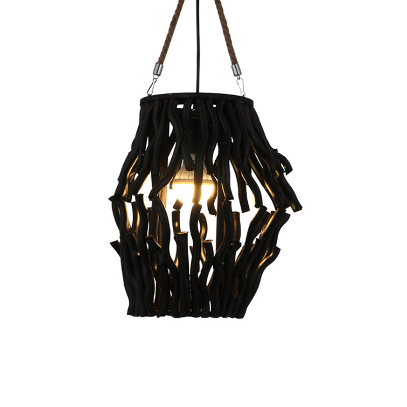 Rustic Barrel/Cone/Globe Pendant Ceiling Light Wood 1 Bulb Dining Room Hanging Lamp in Black Clearhalo 'Ceiling Lights' 'Pendant Lights' 'Pendants' Lighting' 139301