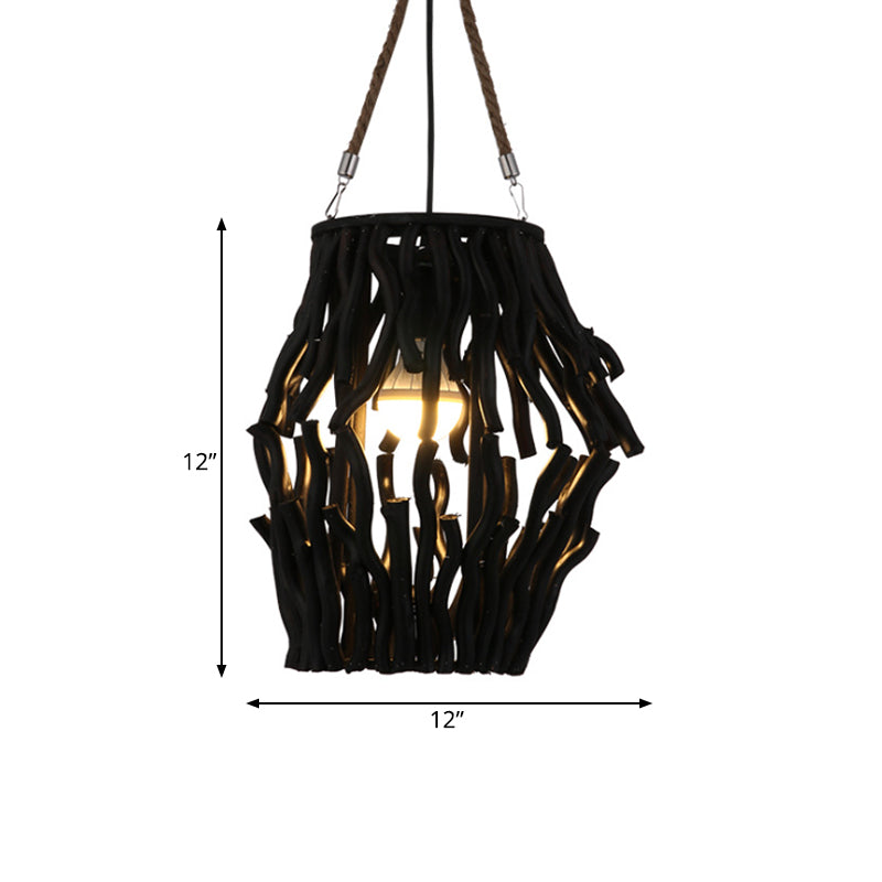 Rustic Barrel/Cone/Globe Pendant Ceiling Light Wood 1 Bulb Dining Room Hanging Lamp in Black Clearhalo 'Ceiling Lights' 'Pendant Lights' 'Pendants' Lighting' 139302