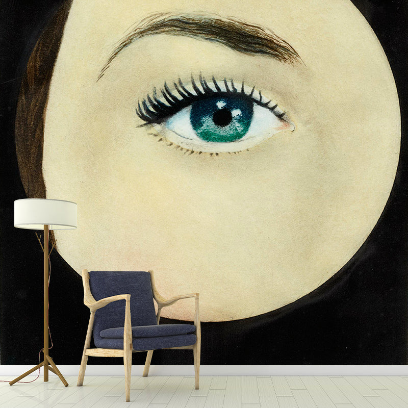 Surreal Magritte Artwork L'Oeil Mural Grey-Yellow Stain Proof Wall Decor for Living Room Black-White Clearhalo 'Wall Decor' 'Wall Mural' 1393077