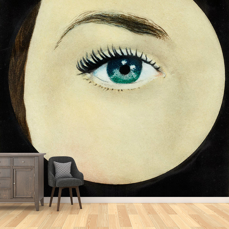 Surreal Magritte Artwork L'Oeil Mural Grey-Yellow Stain Proof Wall Decor for Living Room Clearhalo 'Wall Decor' 'Wall Mural' 1393078