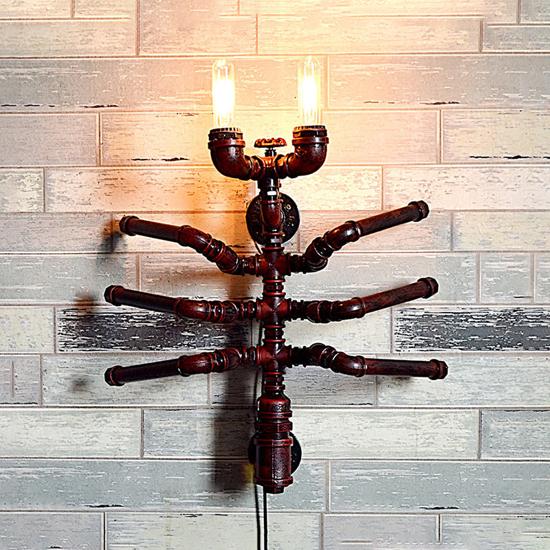 Metallic Spider Design Wall Lighting with Plumbing Pipe Antique Style 2 Bulbs Restaurant Sconce Light in Rust Rust Clearhalo 'Art deco wall lights' 'Cast Iron' 'Glass' 'Industrial wall lights' 'Industrial' 'Middle century wall lights' 'Modern' 'Rustic wall lights' 'Tiffany' 'Traditional wall lights' 'Wall Lamps & Sconces' 'Wall Lights' Lighting' 139311