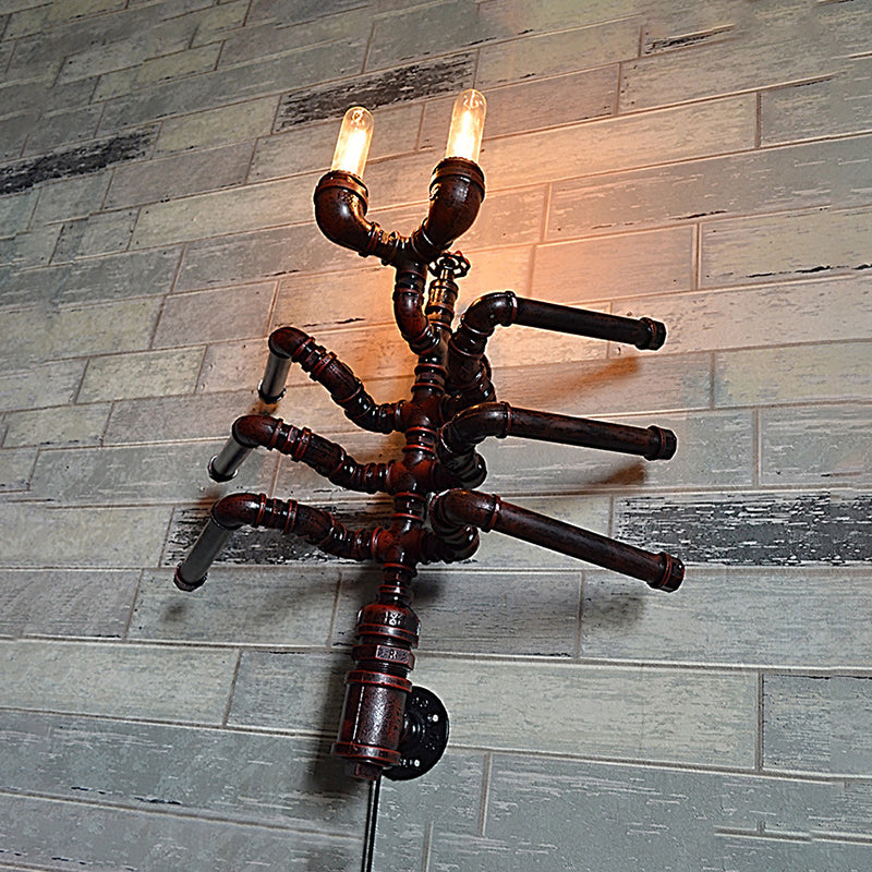 Metallic Spider Design Wall Lighting with Plumbing Pipe Antique Style 2 Bulbs Restaurant Sconce Light in Rust Clearhalo 'Art deco wall lights' 'Cast Iron' 'Glass' 'Industrial wall lights' 'Industrial' 'Middle century wall lights' 'Modern' 'Rustic wall lights' 'Tiffany' 'Traditional wall lights' 'Wall Lamps & Sconces' 'Wall Lights' Lighting' 139312