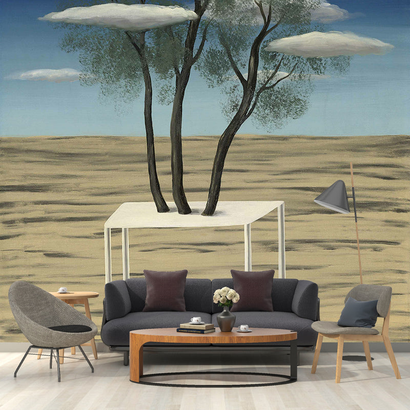 Surrealist Magritte the Oasis Murals in Yellow-Blue Moisture Resistant Wall Art for Living Room Yellow-Blue Clearhalo 'Wall Decor' 'Wall Mural' 1393142