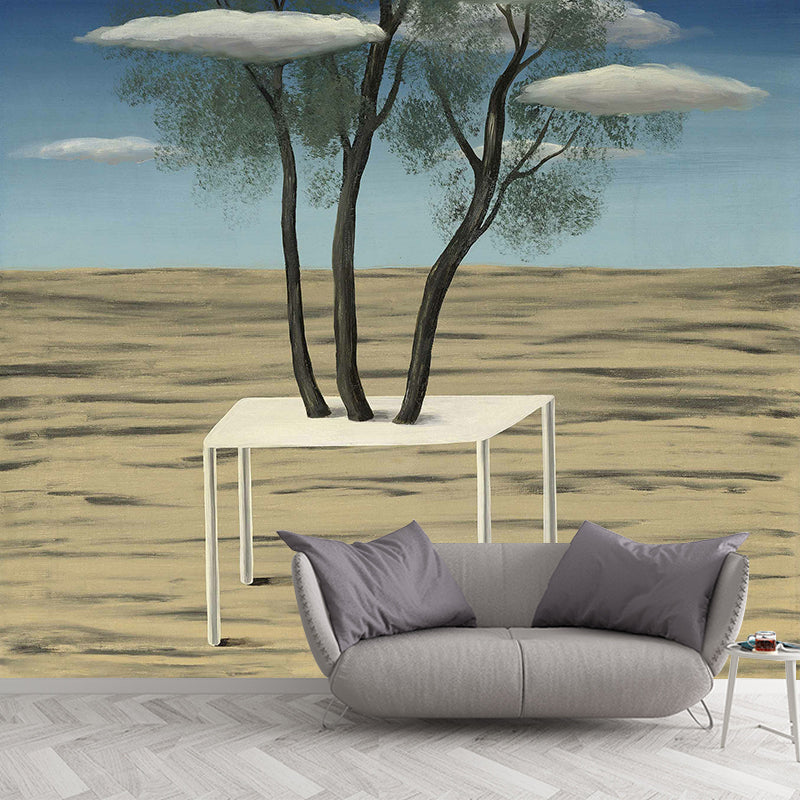 Surrealist Magritte the Oasis Murals in Yellow-Blue Moisture Resistant Wall Art for Living Room Clearhalo 'Wall Decor' 'Wall Mural' 1393144