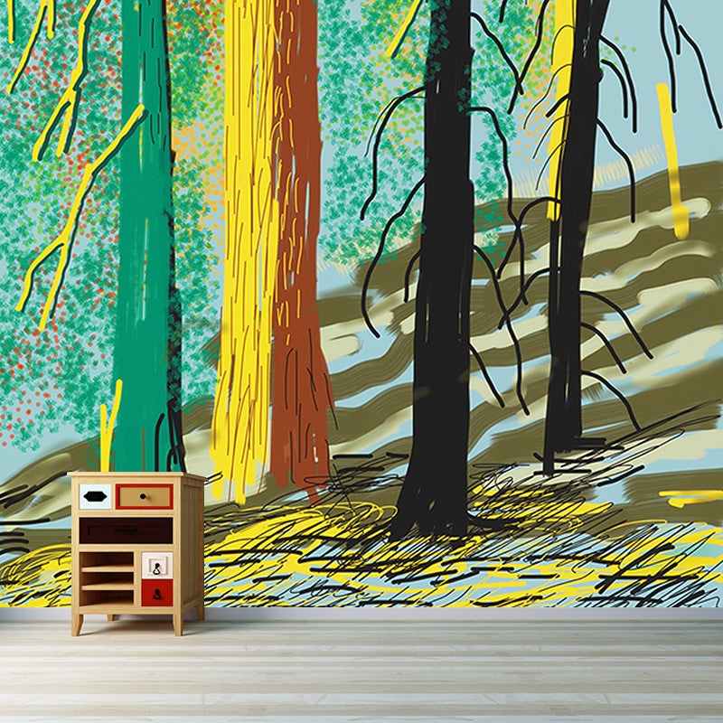 Art Deco Yosemite Trees Murals for Bedroom Customized Wall Covering in Red-Yellow-Green Red-Yellow-Green Clearhalo 'Wall Decor' 'Wall Mural' 1393197