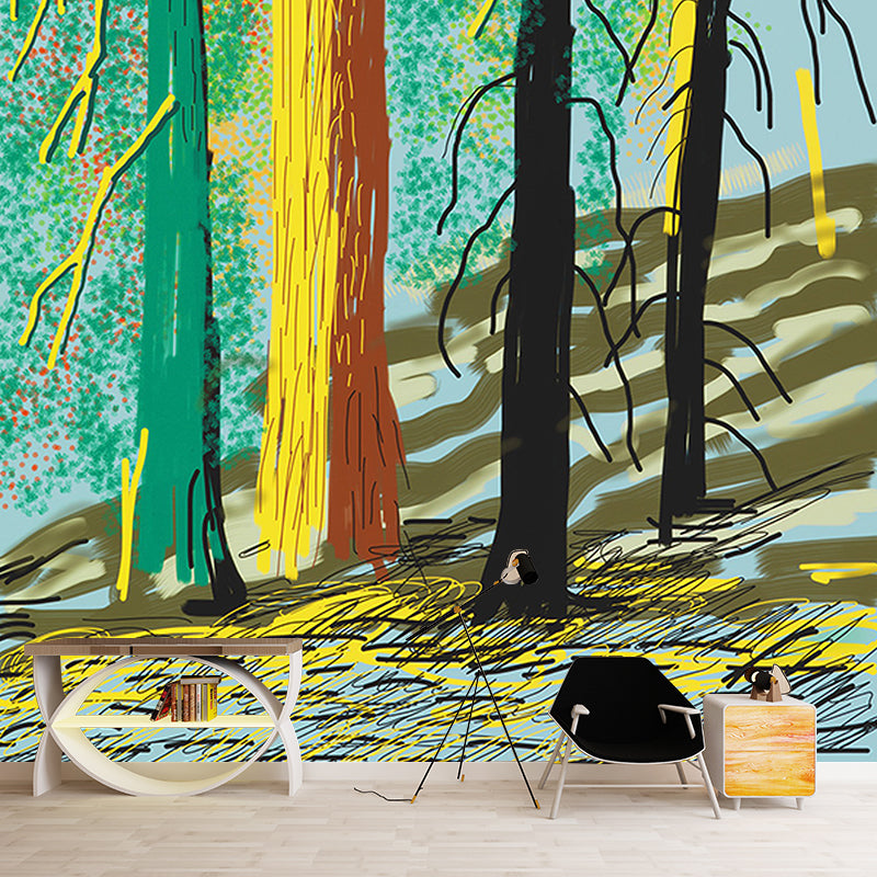 Art Deco Yosemite Trees Murals for Bedroom Customized Wall Covering in Red-Yellow-Green Clearhalo 'Wall Decor' 'Wall Mural' 1393198