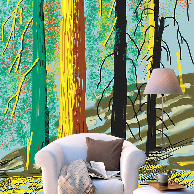 Art Deco Yosemite Trees Murals for Bedroom Customized Wall Covering in Red-Yellow-Green Clearhalo 'Wall Decor' 'Wall Mural' 1393199