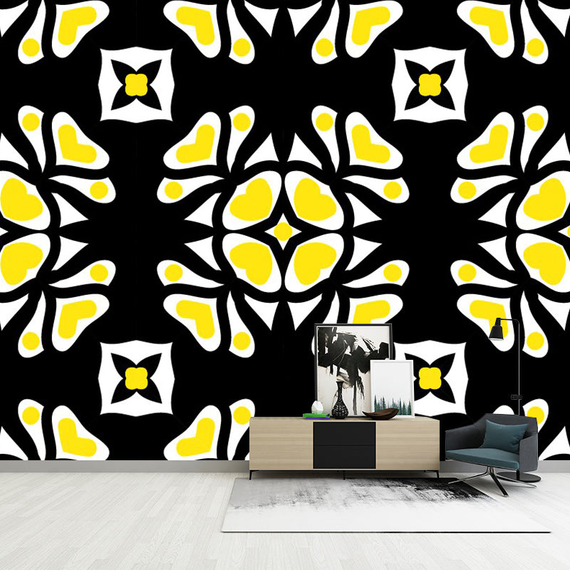 Abstract Petals Mural Wallpaper Bohemian Smooth Wall Decor in Yellow-White on Black Yellow-White Clearhalo 'Wall Decor' 'Wall Mural' 1393472