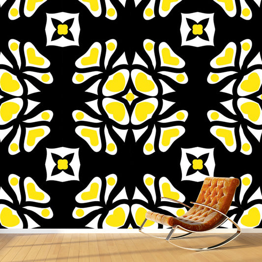 Abstract Petals Mural Wallpaper Bohemian Smooth Wall Decor in Yellow-White on Black Clearhalo 'Wall Decor' 'Wall Mural' 1393473