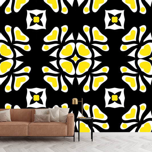 Abstract Petals Mural Wallpaper Bohemian Smooth Wall Decor in Yellow-White on Black Clearhalo 'Wall Decor' 'Wall Mural' 1393474