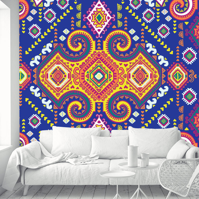 Symmetric Scroll Pattern Wallpaper Mural Bohemian Chic Washable Bedroom Wall Covering, Custom Size Blue-Orange-Yellow Clearhalo 'Wall Decor' 'Wall Mural' 1393537