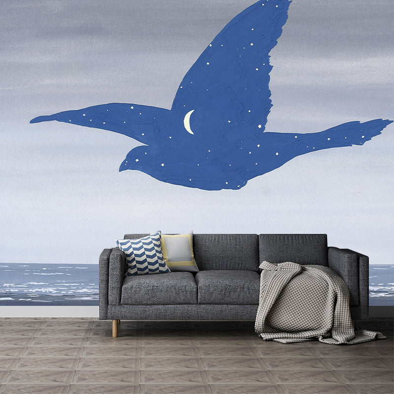 Surrealistic Sea Gull Wallpaper Murals Grey-Blue Moisture Resistant Wall Covering for Bedroom Gray-Blue Clearhalo 'Wall Decor' 'Wall Mural' 1393652