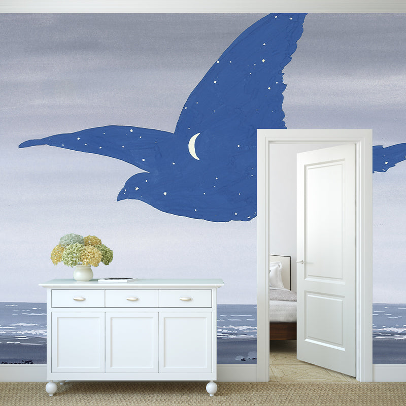 Surrealistic Sea Gull Wallpaper Murals Grey-Blue Moisture Resistant Wall Covering for Bedroom Clearhalo 'Wall Decor' 'Wall Mural' 1393653