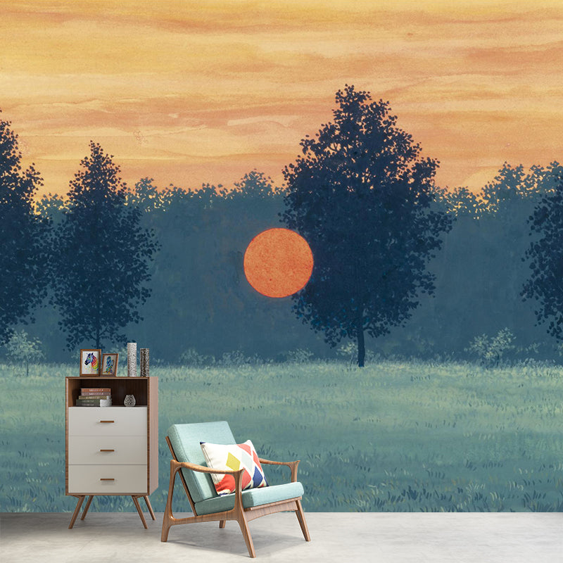 Sunset over a Lawn Murals in Yellow-Green Surreal Wall Covering for Home Decoration Clearhalo 'Wall Decor' 'Wall Mural' 1393663