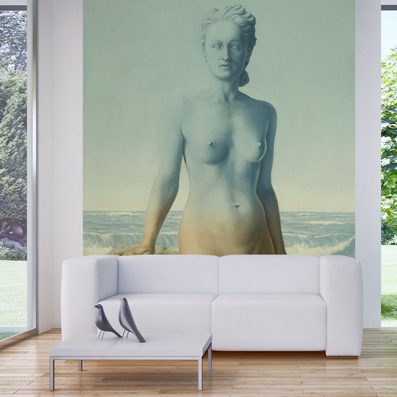 Surreal Naked Woman Portrait Murals Yellow-Blue Seacoast Background Wall Art for Bedroom Yellow-Green Clearhalo 'Wall Decor' 'Wall Mural' 1393667